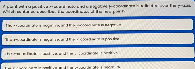 A point with a positive x-coordinate and a negative y-coordinate is reflected over the y-axis. Which sentence describes the coordinates of the new point? The x-coordinate is negative, and the y-coordinate is negative. The x-coordinate is negative, and the y-coordinate is positive. The x-coordinate is positive, and the y-coordinate is positive.. The x-coordinate is positive and the v-coordinate is negative.