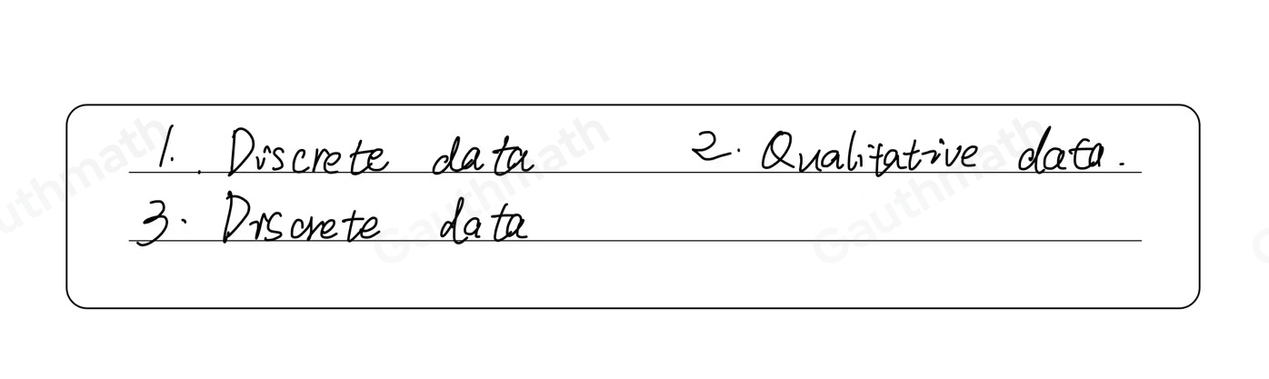 Nature of Data: Quantitative data - consist of numbers representing counts or measurements. a. Discrete data result from either a finite number of possible values or countable number of possible values such as 0, or 1, or 2, and so on.. Data that are counting numbers. b. Continuous data result from infinitely many possible values that can be assosiated with points on a continuous scale in such a way that there are no gaps or interruptions. Data results of measurements. Qualitative data - can be separated into different categories that are distinguished by some nonnumeric characteristics such as gender, major classifications, political party affiliation, religious preference, marital status, and the like. Example 3: Classify the given data. 1. Ages of the students 2. Eye color 3. Number of Grade 7 teachers