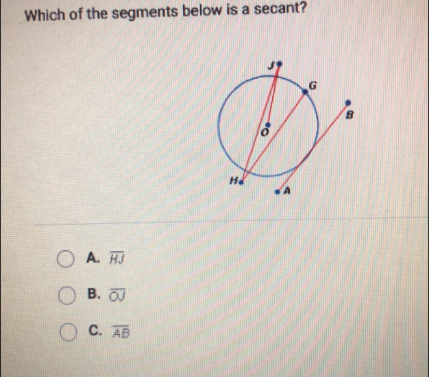 Which of the segments below is a secant? A. overline HJ B. overline OJ C. overline AB